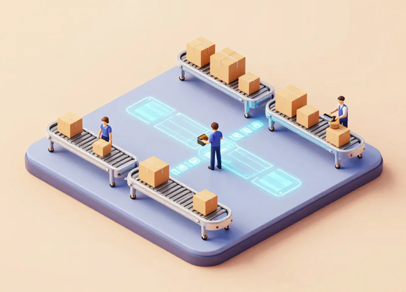 Isometric 3D model of a warehouse workflow showing items moving through an automated RFID scanning gate.