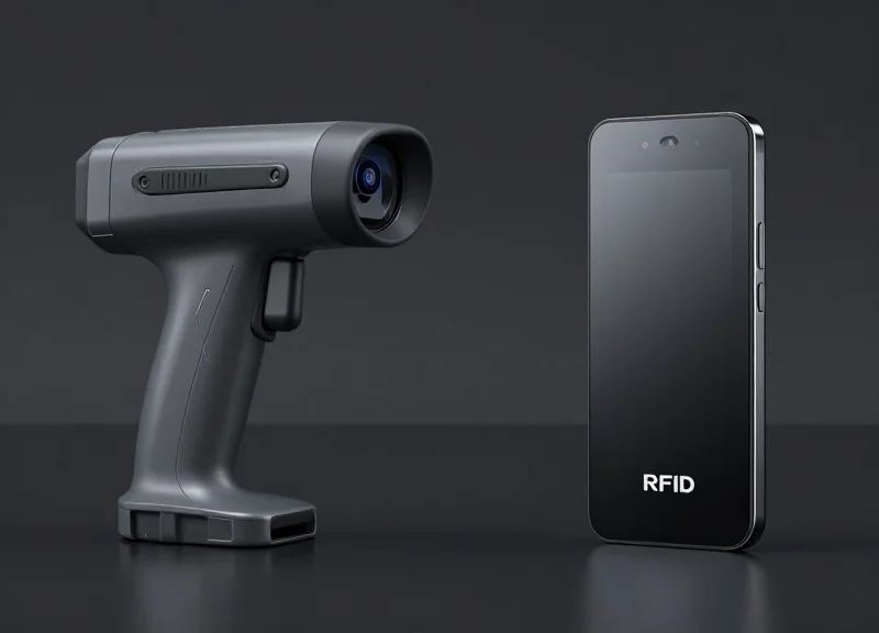Side-by-side comparison of a bulky traditional scanner versus the new slim 15mm RFID PDA.