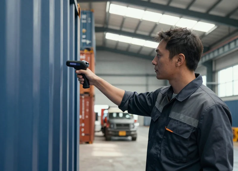 A field technician using a handheld RFID scanner to verify assets in a high-tech logistics warehouse.