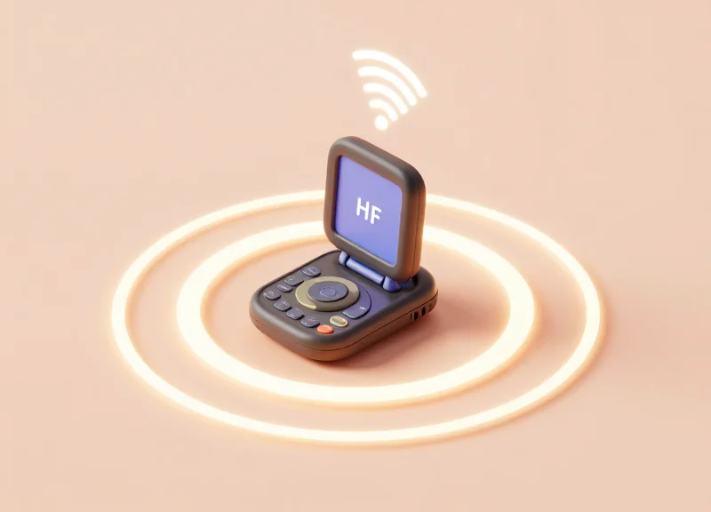 Isometric 3D model of a rugged PDA device emitting wireless signal waves representing HF, UHF, and NFC frequencies.