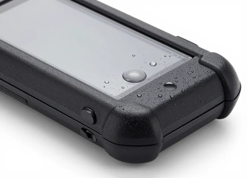 Close-up of a rugged PDA showing its reinforced edges and water-resistant screen with droplets of water.