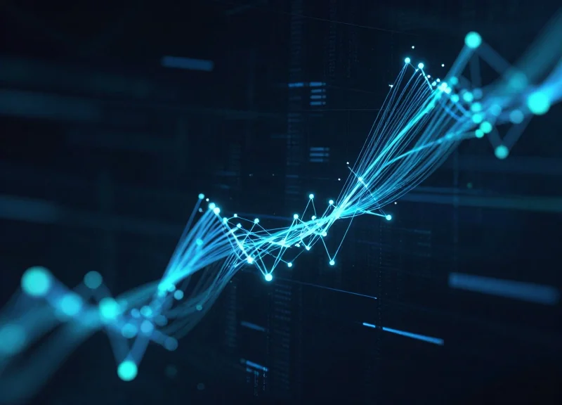 Abstract digital visualization of edge computing and real-time data streams flowing from an industrial device.