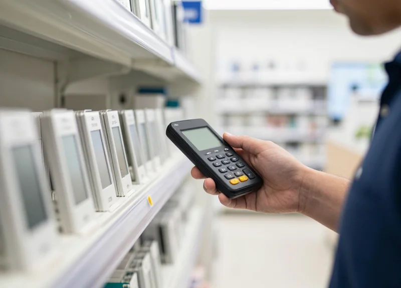 A store employee using a rugged PDA to sync with electronic shelf labels in a modern grocery environment.