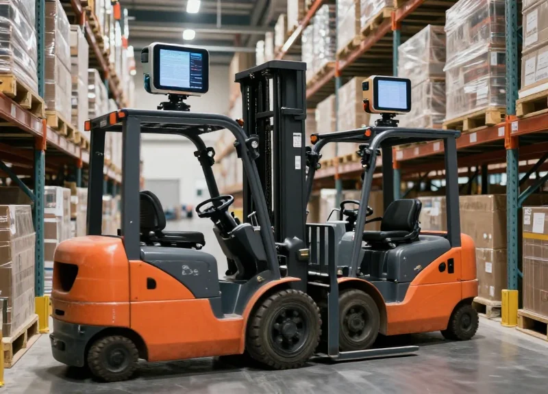 A modern distribution center with high-tech forklifts operating in a busy warehouse environment in 2026.