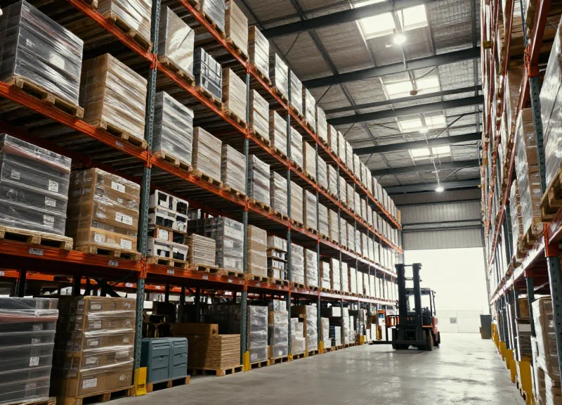 A wide angle shot of a large, busy modern logistics warehouse with high shelves and blurred forklift movement.