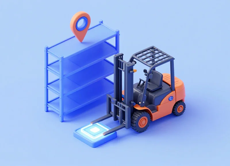 Isometric 3D illustration of a smart forklift interacting with a warehouse rack and a digital location node.
