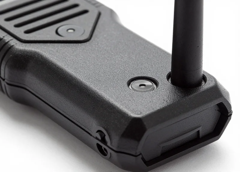 Close-up shot of an industrial RFID reader device with metallic and rugged textures.