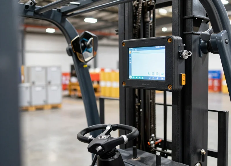 Rugged RFID terminal mounted in a forklift cabin during warehouse operation