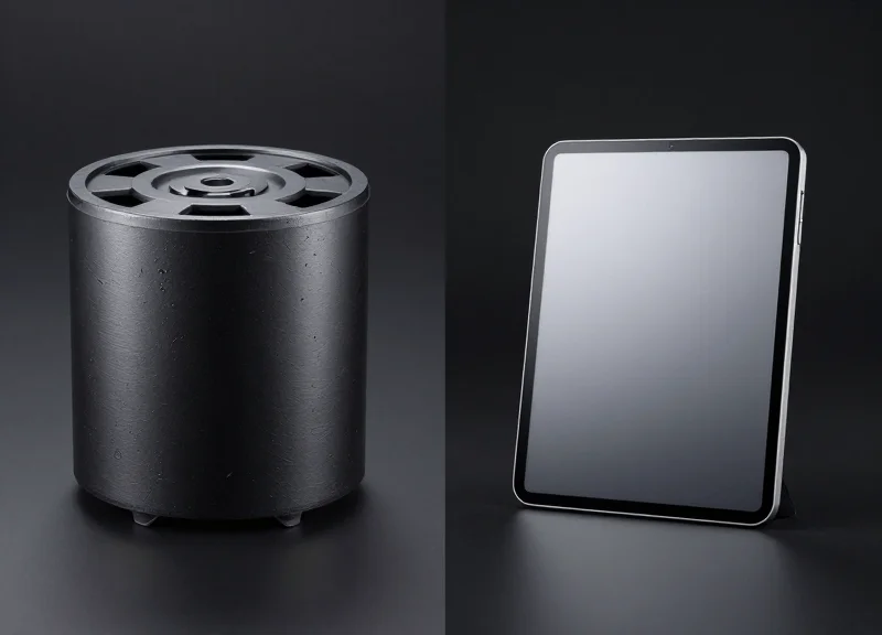 Side-by-side comparison of a rugged industrial terminal and a fragile consumer tablet
