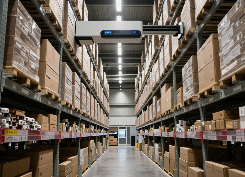 A modern warehouse with advanced tracking systems and organized inventory shelves