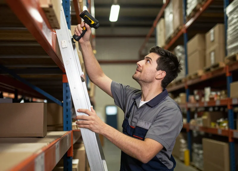 A warehouse worker struggling with manual barcode scanning on high shelves