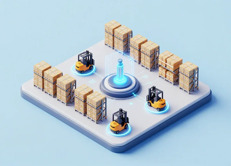 Isometric 3D model of a smart warehouse with real-time digital asset intelligence tracking