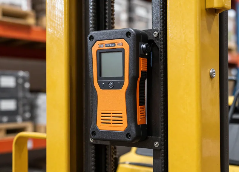 A close-up of a vehicle-mount RFID reader installed on a warehouse forklift
