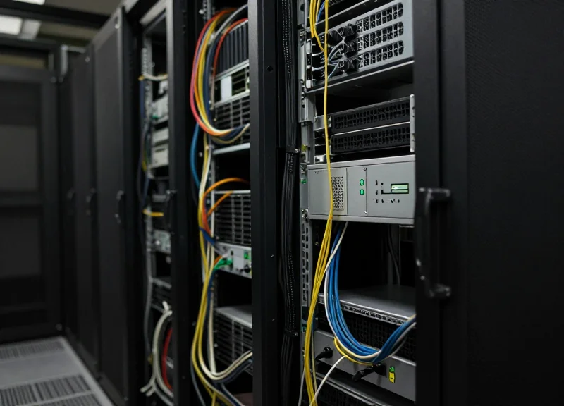 A complex network of tangled cables and server racks representing traditional infrastructure challenges.