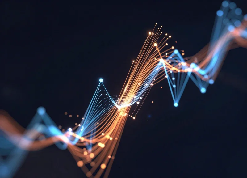 Abstract digital nodes and flowing data streams representing financial savings and ROI.