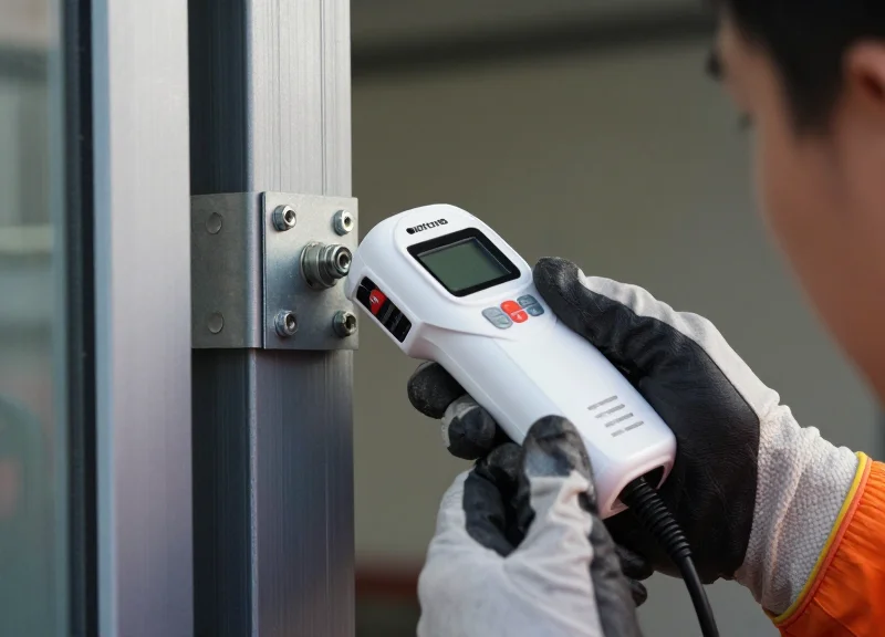 Close-up of a white industrial RFID reader being mounted onto a steel pillar near a doorway.