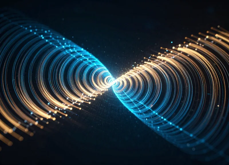 Abstract visualization of radio frequency power waves emanating from a central point.