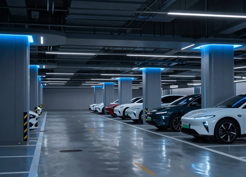 A futuristic smart parking lot in 2026 with integrated technology and cinematic lighting.