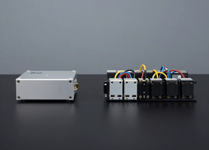 Comparison of a compact integrated RFID reader versus a complex modular system with separate parts.