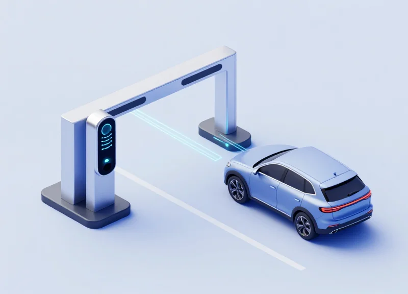 An isometric 3D illustration of a modern automated parking entrance with a sleek integrated RFID sensor pillar and a stylized car.