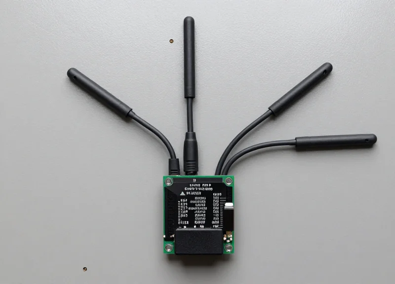 A neat arrangement of an RFID module with multiple antennas and cables.