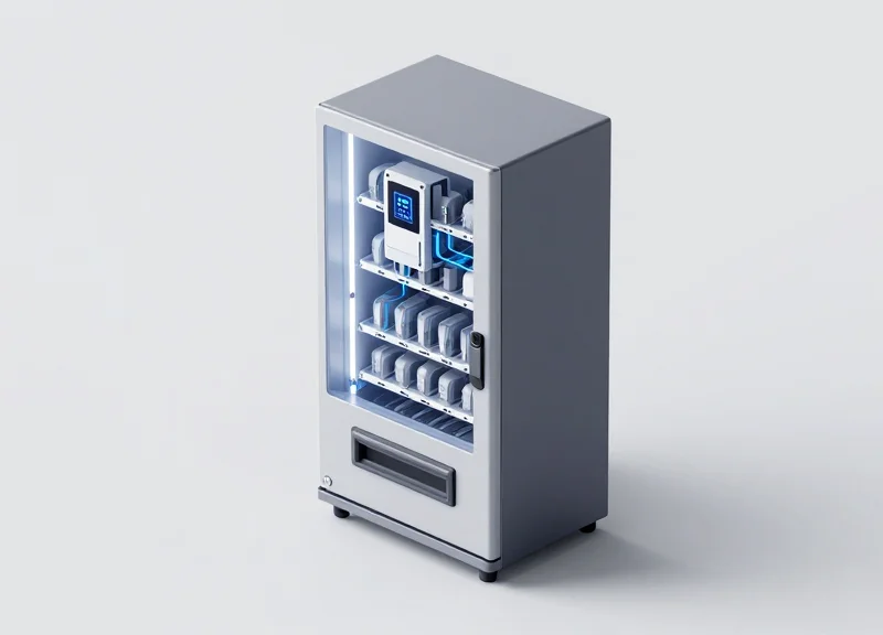 A modern isometric 3D illustration of a smart cabinet system with highlighted modular components and glowing connection nodes representing RFID integration.