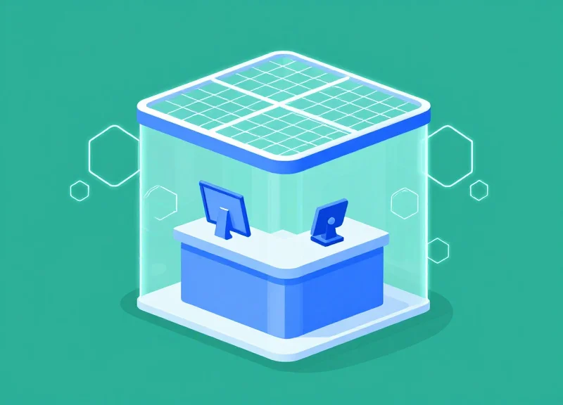 Flat vector illustration of a retail kiosk protected by a digital security mesh