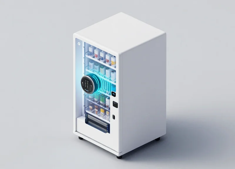An isometric 3D model of a sleek, modern vending dispenser with a cutaway view showing a tiny circular RFID module embedded in the shelf mechanism, featuring glowing data connection lines.