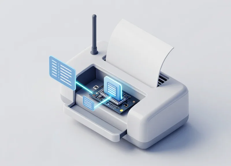 An isometric 3D illustration of a modular industrial label printer with an RFID component being integrated, showing technical layers and glowing connection points.