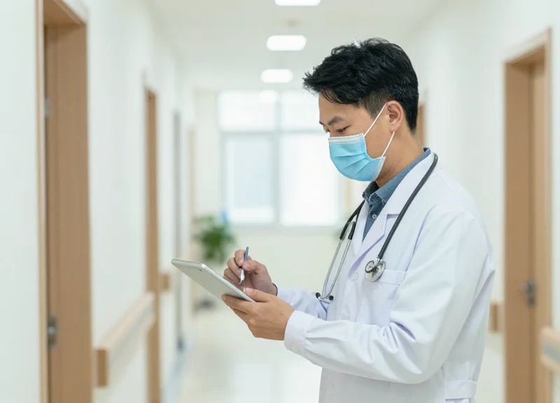 Healthcare professional using advanced RFID tracking for medical equipment in a hospital.