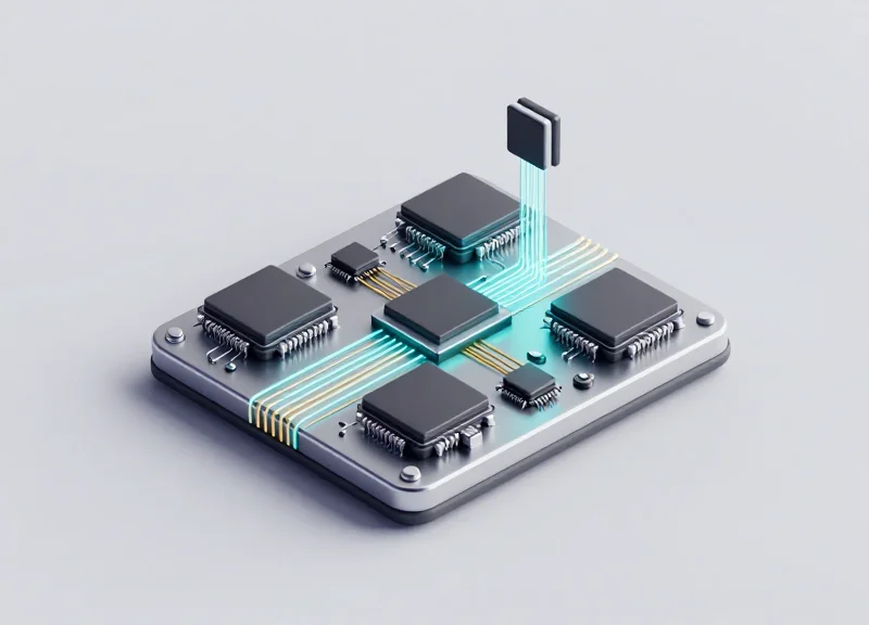 An isometric 3D illustration showcasing a futuristic industrial motherboard with miniaturized RFID chips and glowing data transmission paths representing edge computing intelligence.