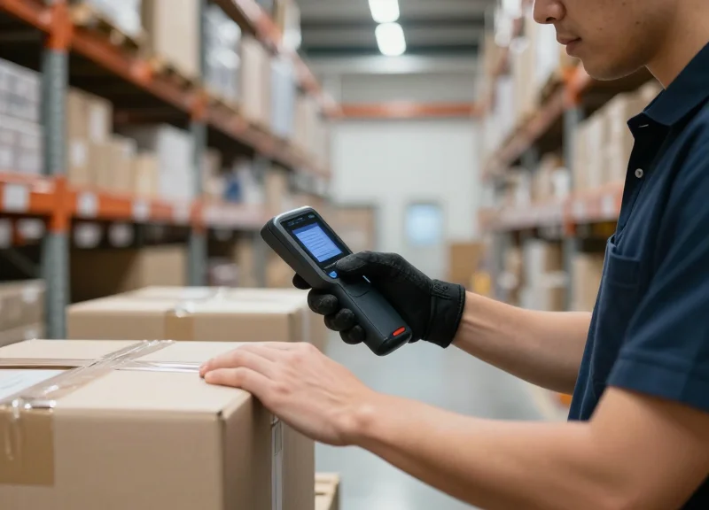 A professional warehouse worker using a wearable glove RFID scanner in a high-tech logistics center