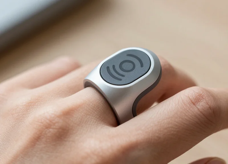 Close-up of an ergonomic ring-style RFID scanner worn on a finger