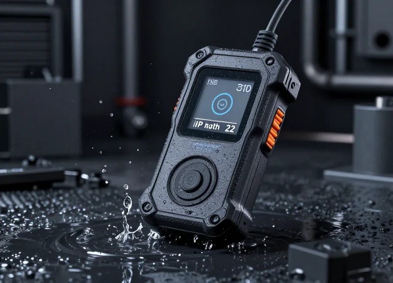 A rugged RFID scanner being splashed with water to demonstrate IP rating durability