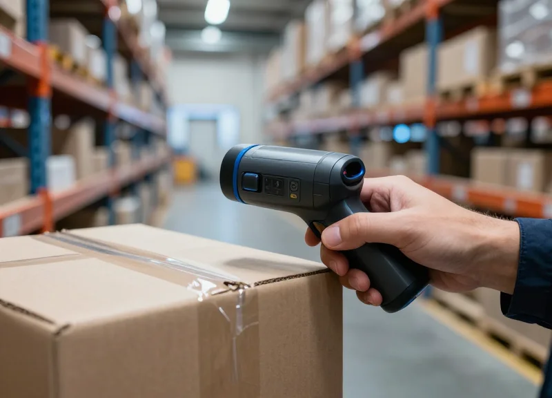 A close-up of a worker's hand wearing a modern, compact RFID ring scanner while handling packages in a high-tech warehouse with soft industrial lighting.