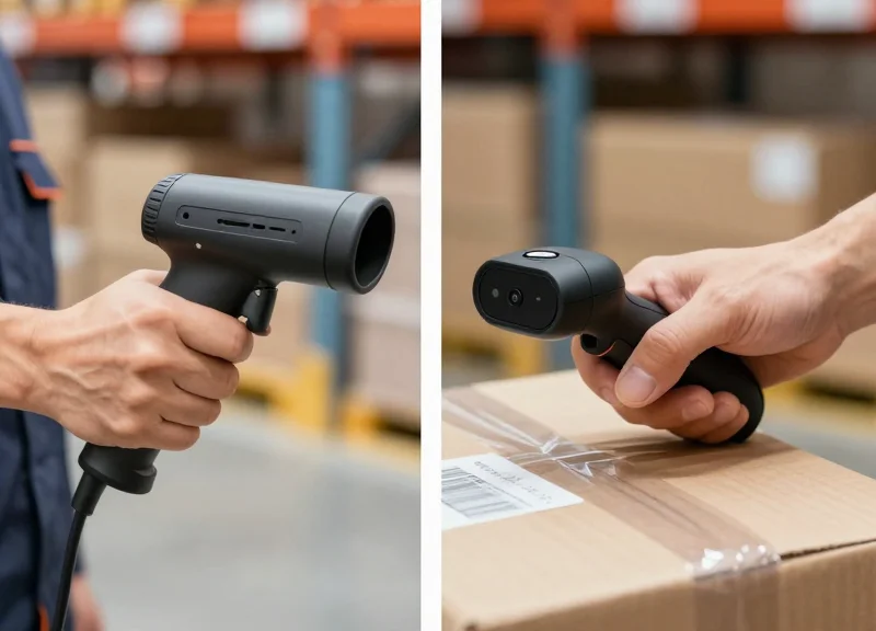 Side-by-side comparison showing a bulky traditional handheld scanner versus a modern sleek wearable RFID device on a worker's hand