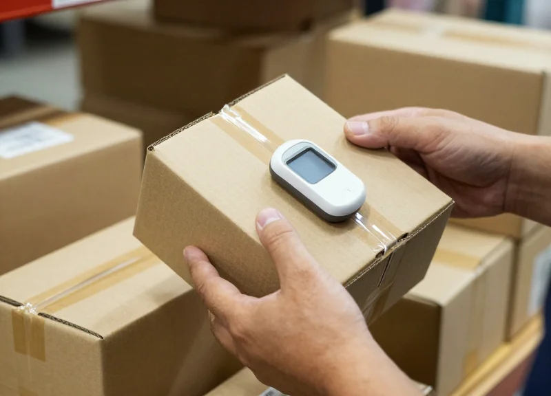 A warehouse worker using both hands to pick multiple small items while wearing a subtle RFID scanner