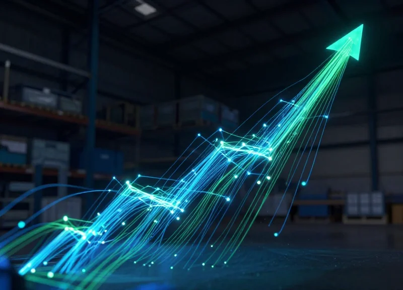 Abstract visualization of efficiency growth with glowing data streams in a warehouse setting