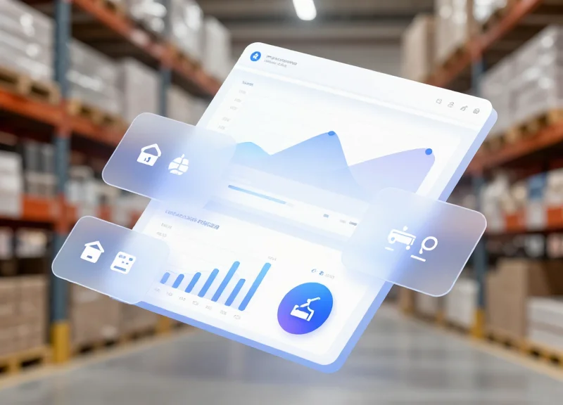A modern warehouse management system interface mockup showing inventory flow with glassmorphism effects