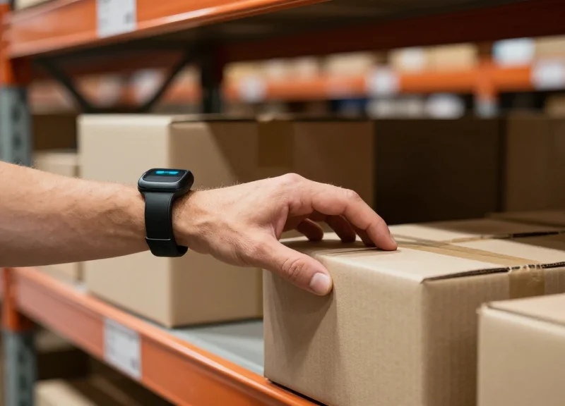 A close-up of a worker's hand wearing a modern RFID scanner while picking a small parcel from a warehouse shelf.