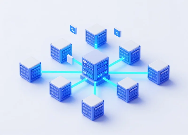 An isometric view of a warehouse system integrated with a modern management platform.