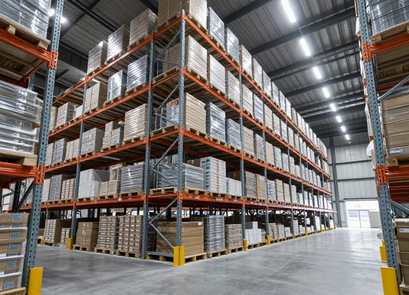 A modern high-ceiling warehouse with advanced automated storage and retrieval systems during a routine audit.