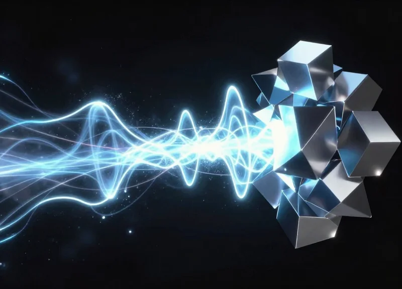 Abstract representation of radio frequency signals navigating through a complex metallic maze structure.