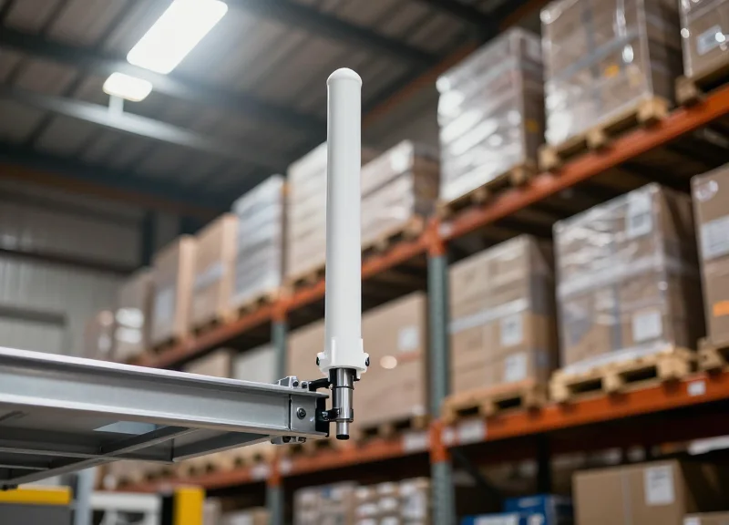 A professional high-gain RFID antenna mounted on a high warehouse shelf, scanning organized inventory pallets in a modern logistics center.