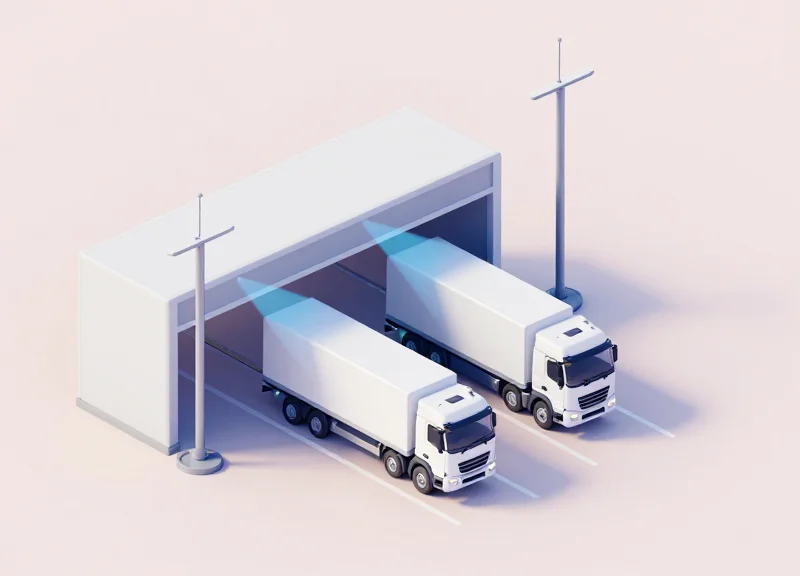 An isometric 3D illustration showing a row of trucks passing through a logistics yard gate equipped with narrow beam antennas that emit subtle glowing blue light cones for scanning.