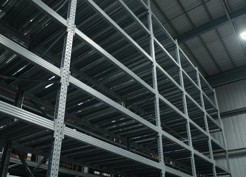 A realistic view of high-bay warehouse metal shelving with RFID tags.