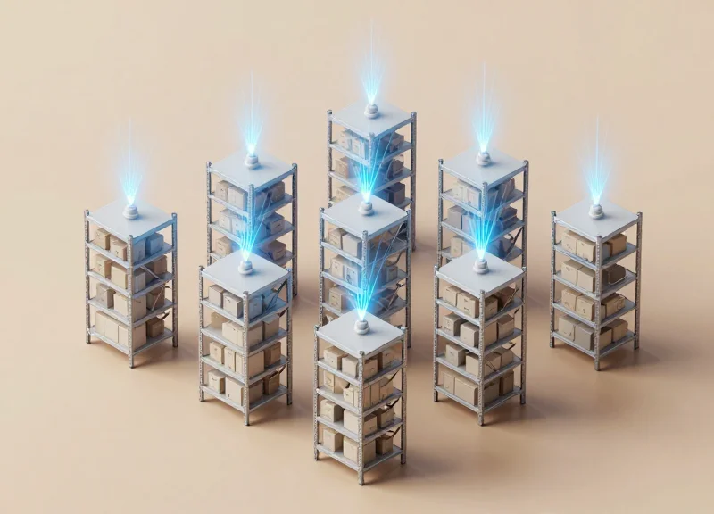 Isometric 3D illustration showing high-shelf warehouse racks with small antennas projecting precise, narrow light beams to demonstrate signal positioning.