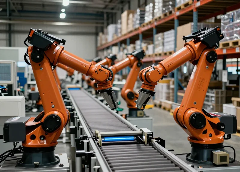 A modern automated logistics center with robotic arms and conveyor belts in soft cinematic lighting.