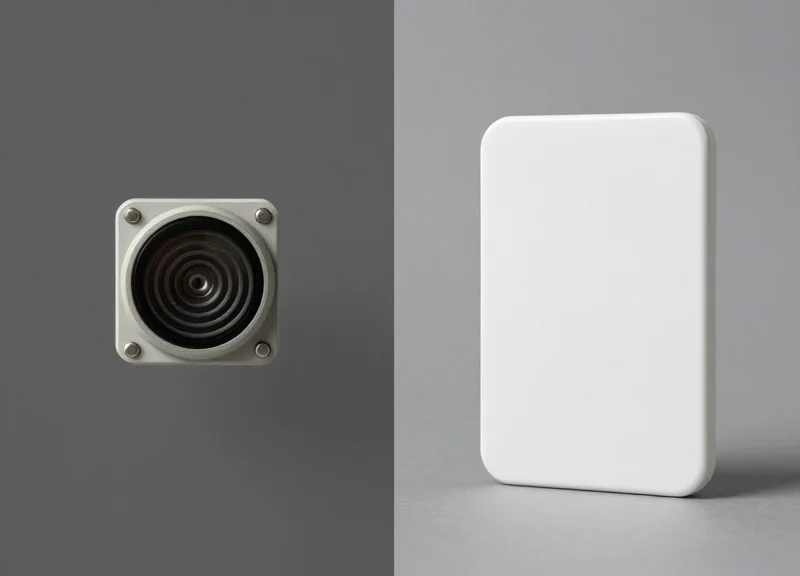 Side-by-side comparison of a small legacy proximity sensor and a modern large RFID antenna.