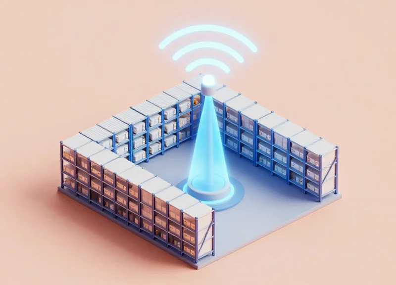 Isometric view of a warehouse floor showing a wide signal coverage area from an RFID antenna.